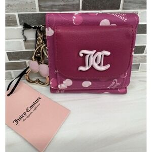 Juicy Couture Cherry Print Tri Fold Wallet Pink Gold Cherry Charm Keychain